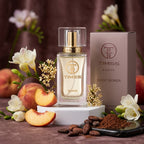 TIMSS W 365 SKENT apă de parfum prezentat alături de piersici zemoase, flori de osmanthus și boabe de cacao.