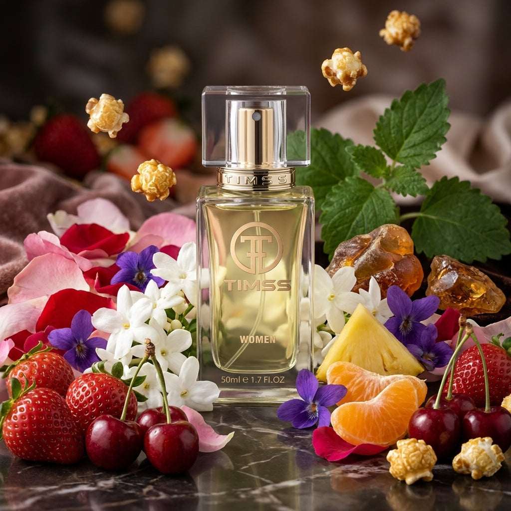 TIMSS W 371 MIS CHERY apă de parfum prezentat alături de căpșuni proaspete, popcorn caramelizat și frunze de patchouli.