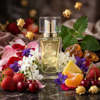 TIMSS W 371 MIS CHERY apă de parfum prezentat alături de căpșuni proaspete, popcorn caramelizat și frunze de patchouli.