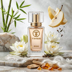 TIMSS W 374 CRISTALLINE apă de parfum prezentat alături de lăstari de bambus, flori de lotus și mosc alb.
