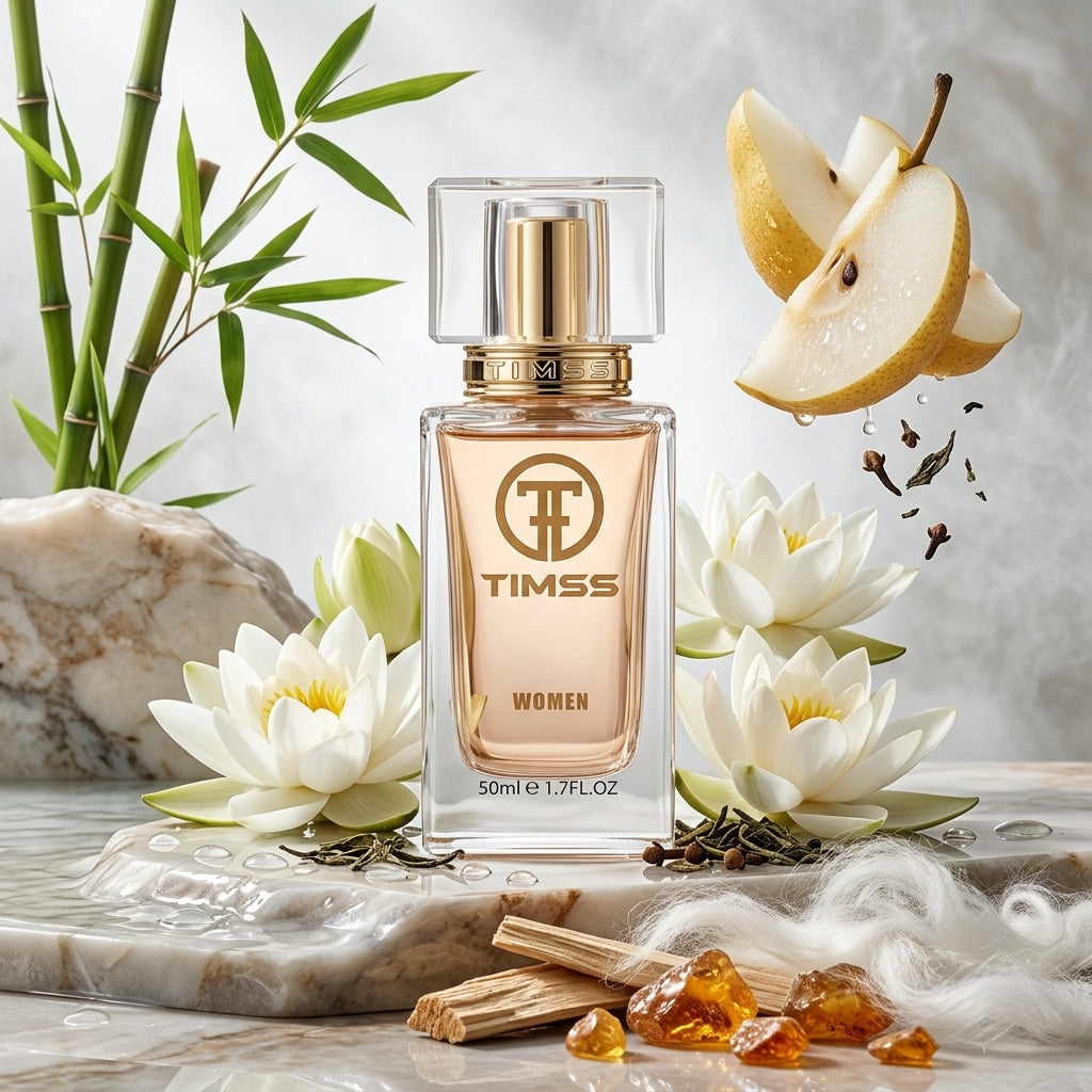 TIMSS W 374 CRISTALLINE apă de parfum prezentat alături de lăstari de bambus, flori de lotus și mosc alb.