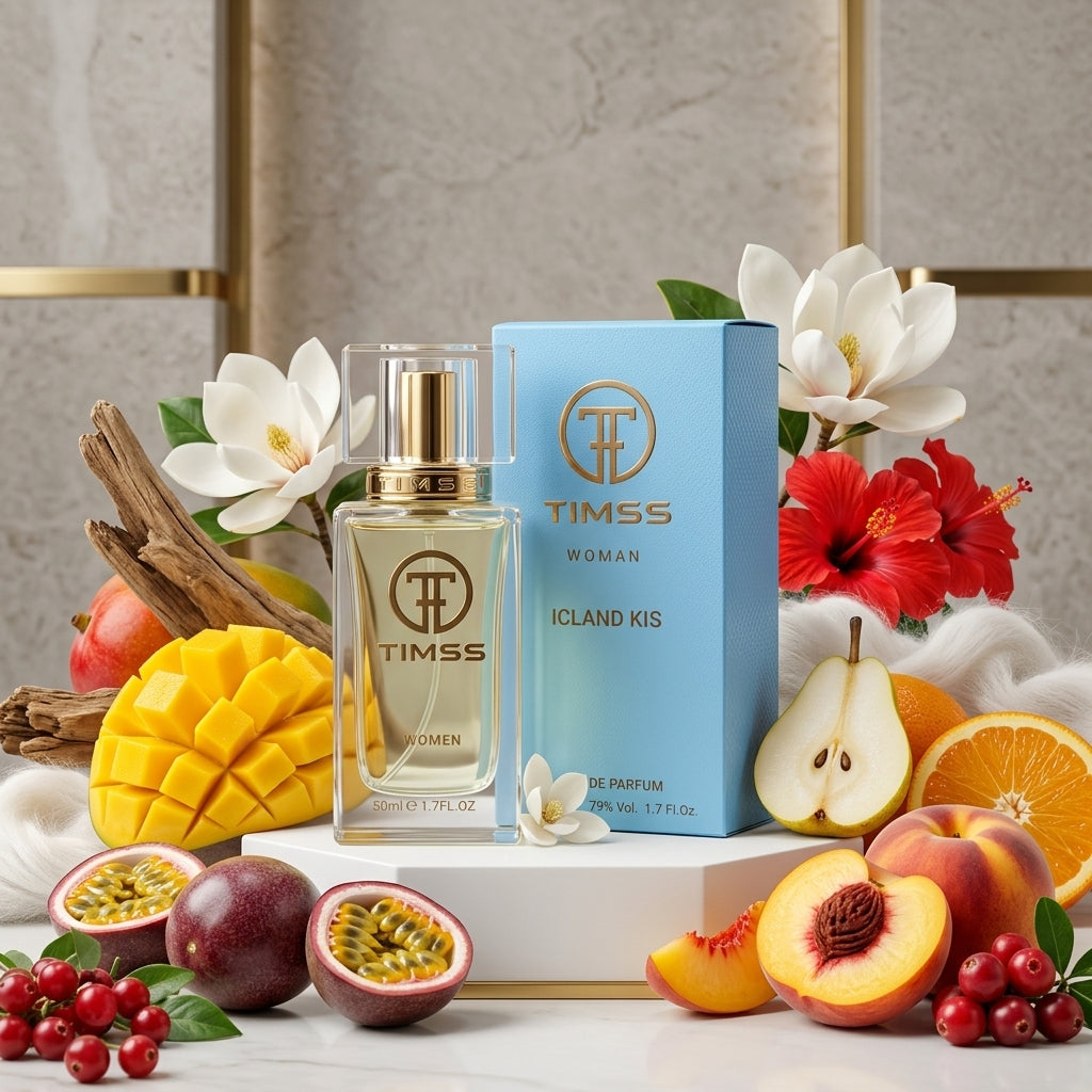 TIMSS W 378 ISLAND KISS apă de parfum prezentat alături de felii de mango, piersică și mosc alb.