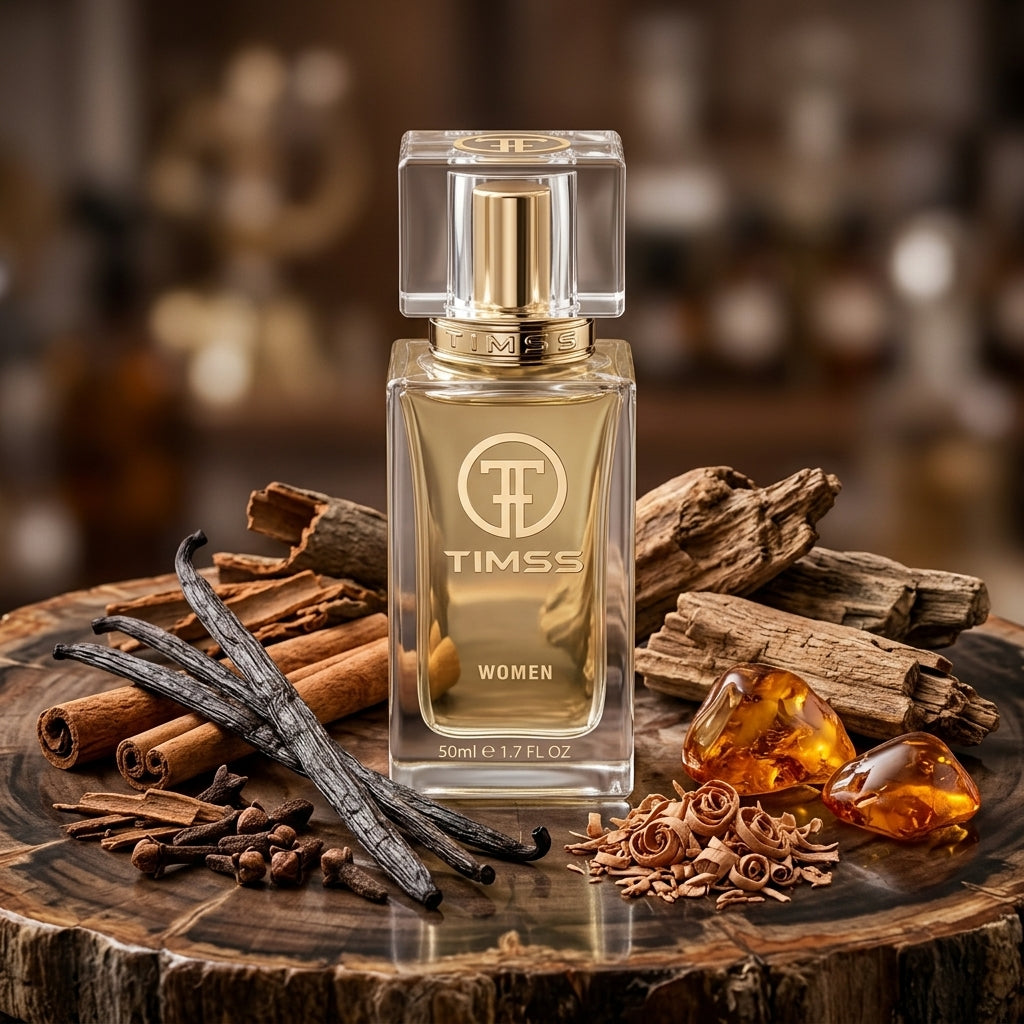 TIMSS W 382 VANILE ABSOLU apă de parfum prezentat alături de păstăi de vanilie, batoane de scorțișoară și cuișoare.