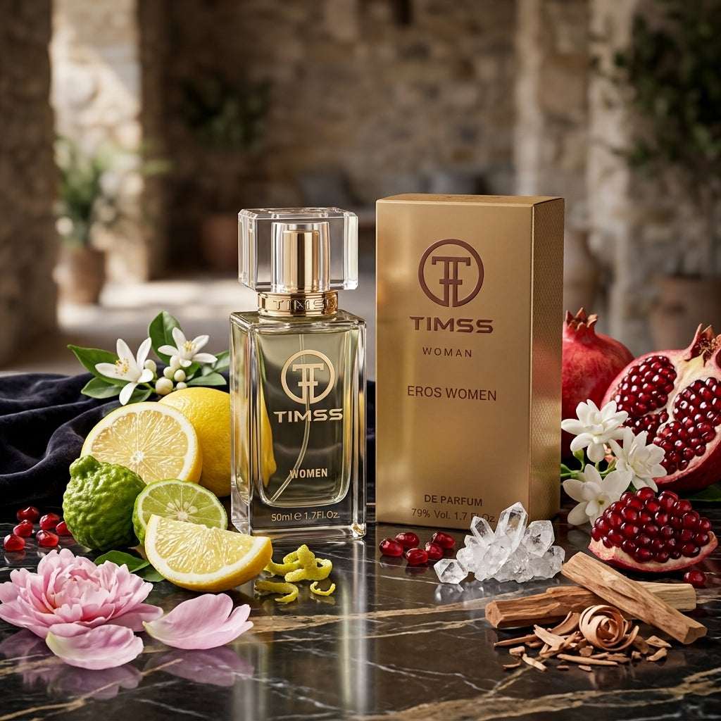 TIMSS W 384 EROS apă de parfum prezentat alături de lămâi siciliene, rodie deschisă, flori de iasomie Sambac și mosc.
