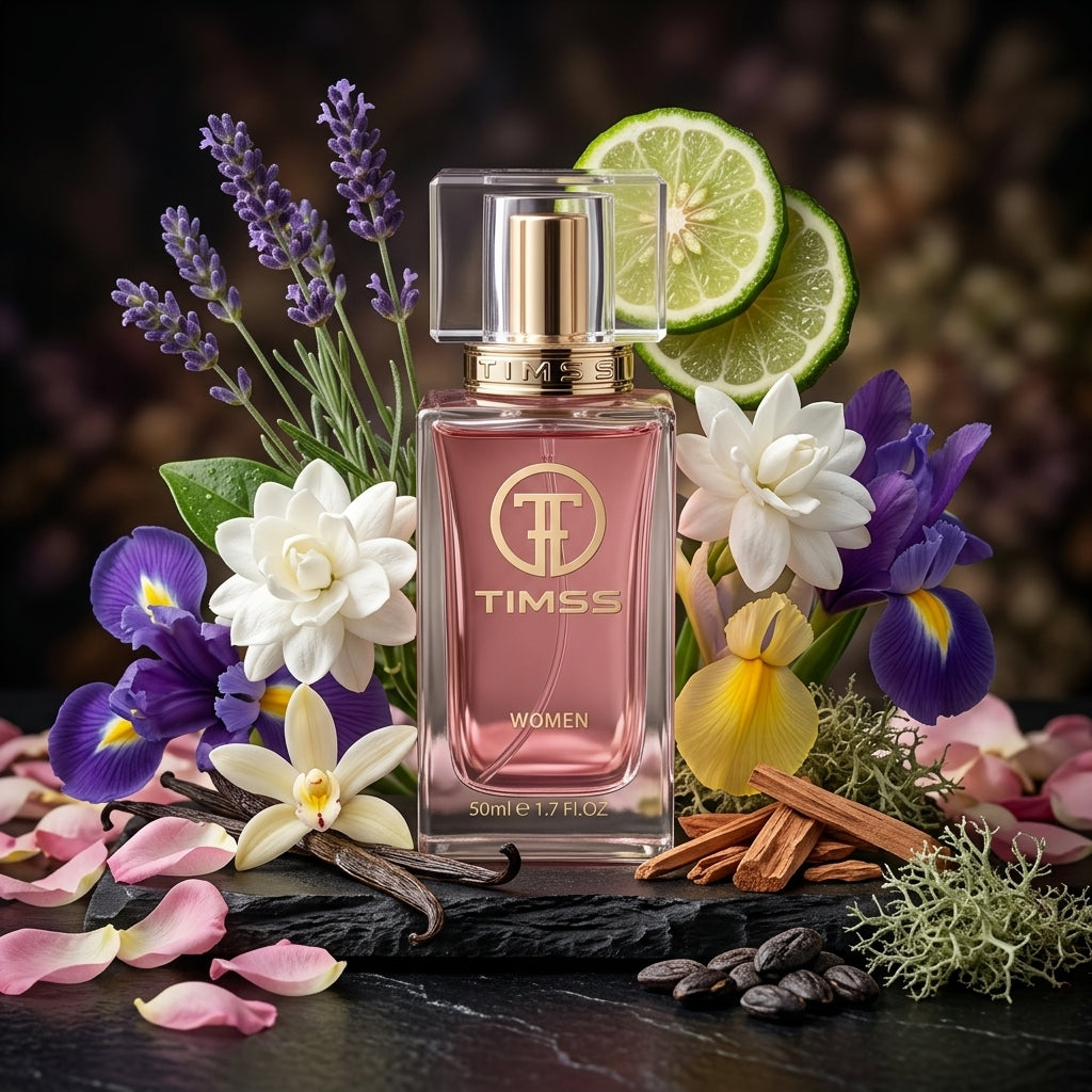 TIMSS W 394 MON TIMSS apă de parfum prezentat alături de flori de lavandă, iasomie Sambac și păstăi de vanilie.