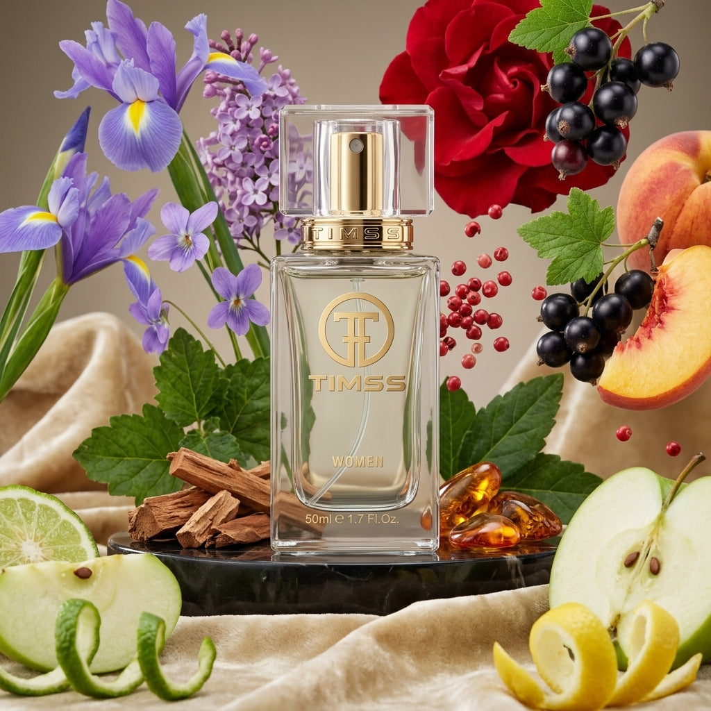 TIMSS W 396 ADVENTUS HER apă de parfum prezentat alături de măr verde, petale de trandafir, frunze de paciuli și coacăze negre.