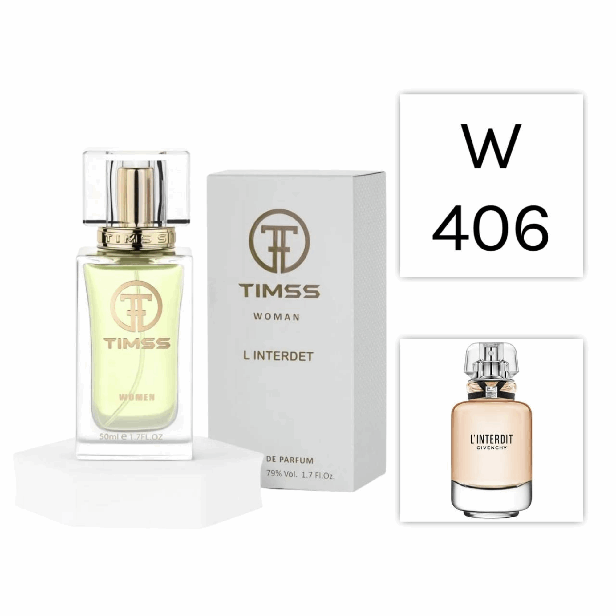TIMSS W 406 L Interdet inspirat din Givenchy L'Interdit apa de parfum feminin 50 ml flacon frontal minimalist.