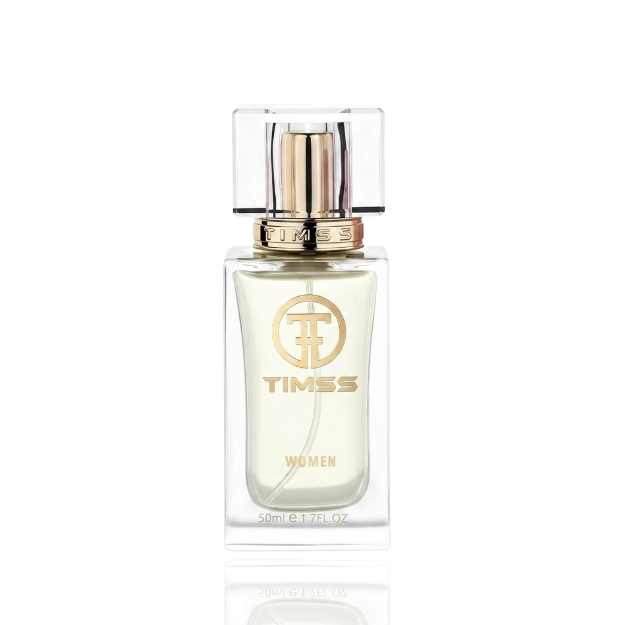 Detaliu flacon TIMSS W 407 Delyna inspirat din Parfums de Marly Delina apa de parfum, evidențiind eticheta și pulverizatorul.