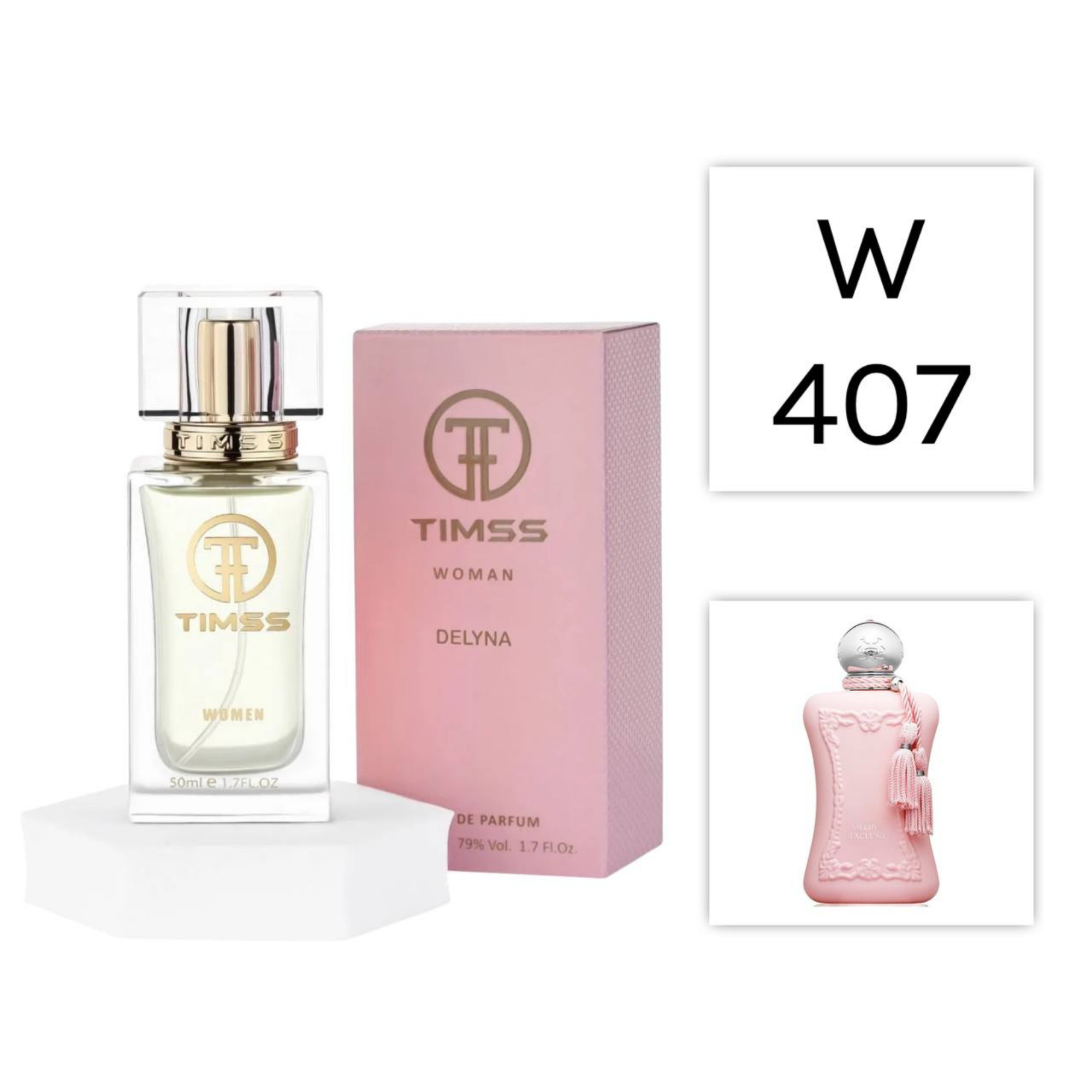 TIMSS W 407 Delyna inspirat din Parfums de Marly Delina apa de parfum feminin 50 ml flacon frontal cu design minimalist.