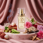 TIMSS W 407 Delyna inspirat din Parfums de Marly Delina apa de parfum prezentat alături de litchi, trandafir și bujor.