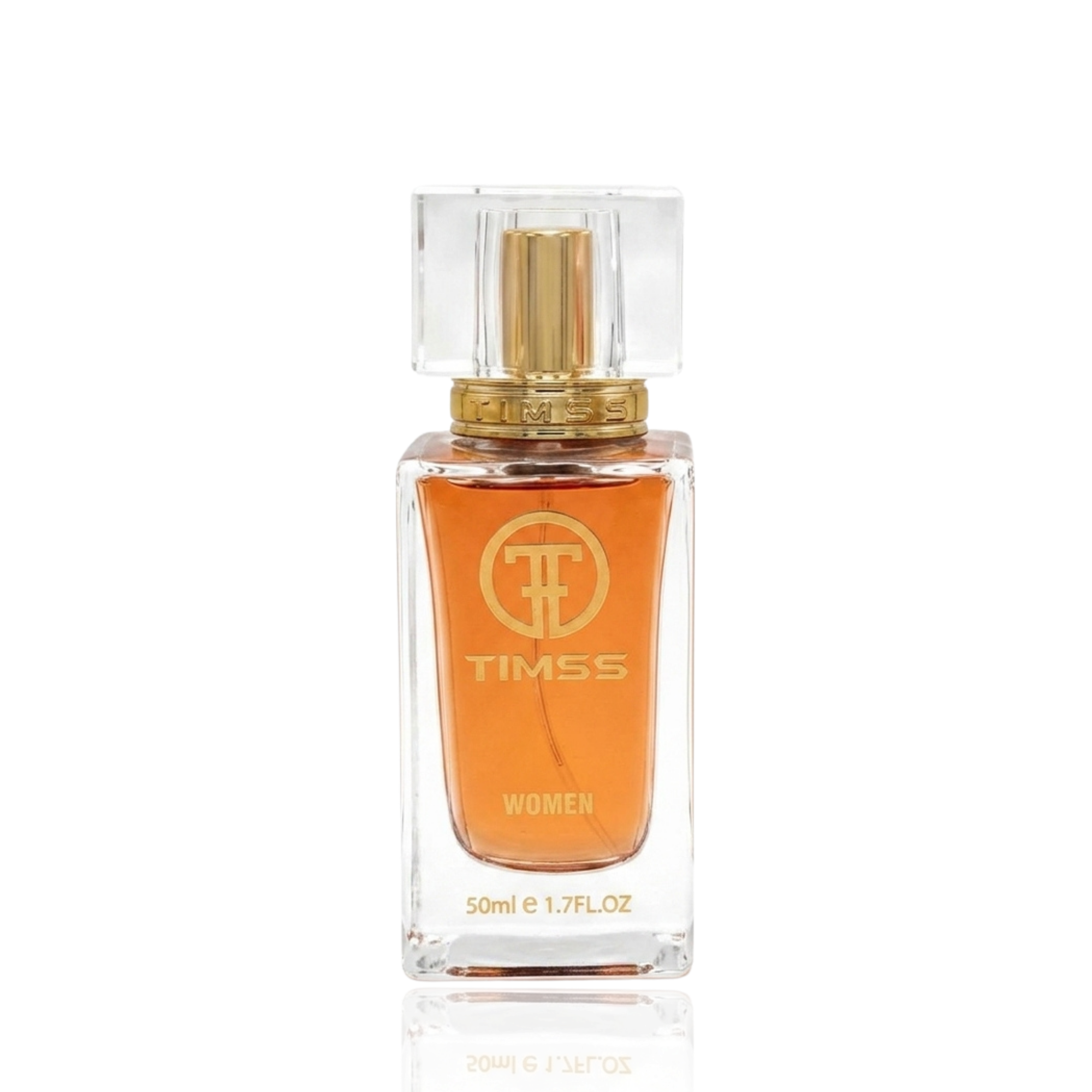 Detaliu flacon TIMSS W 410 Olimpiya inspirat din Paco Rabanne Olympea apa de parfum, evidențiind eticheta și pulverizatorul.