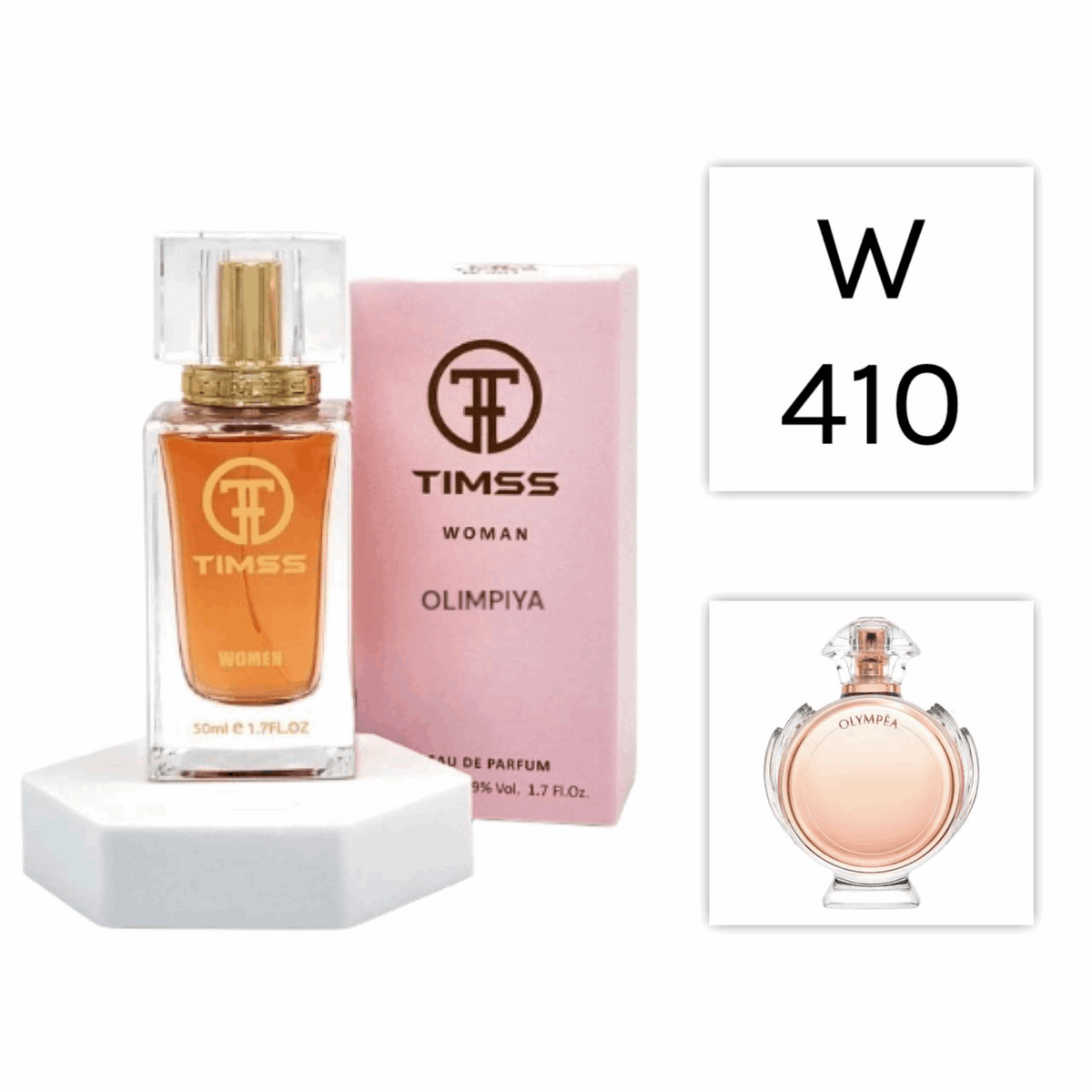 TIMSS W 410 Olimpiya inspirat din Paco Rabanne Olympea apa de parfum feminin 50 ml flacon frontal minimalist.