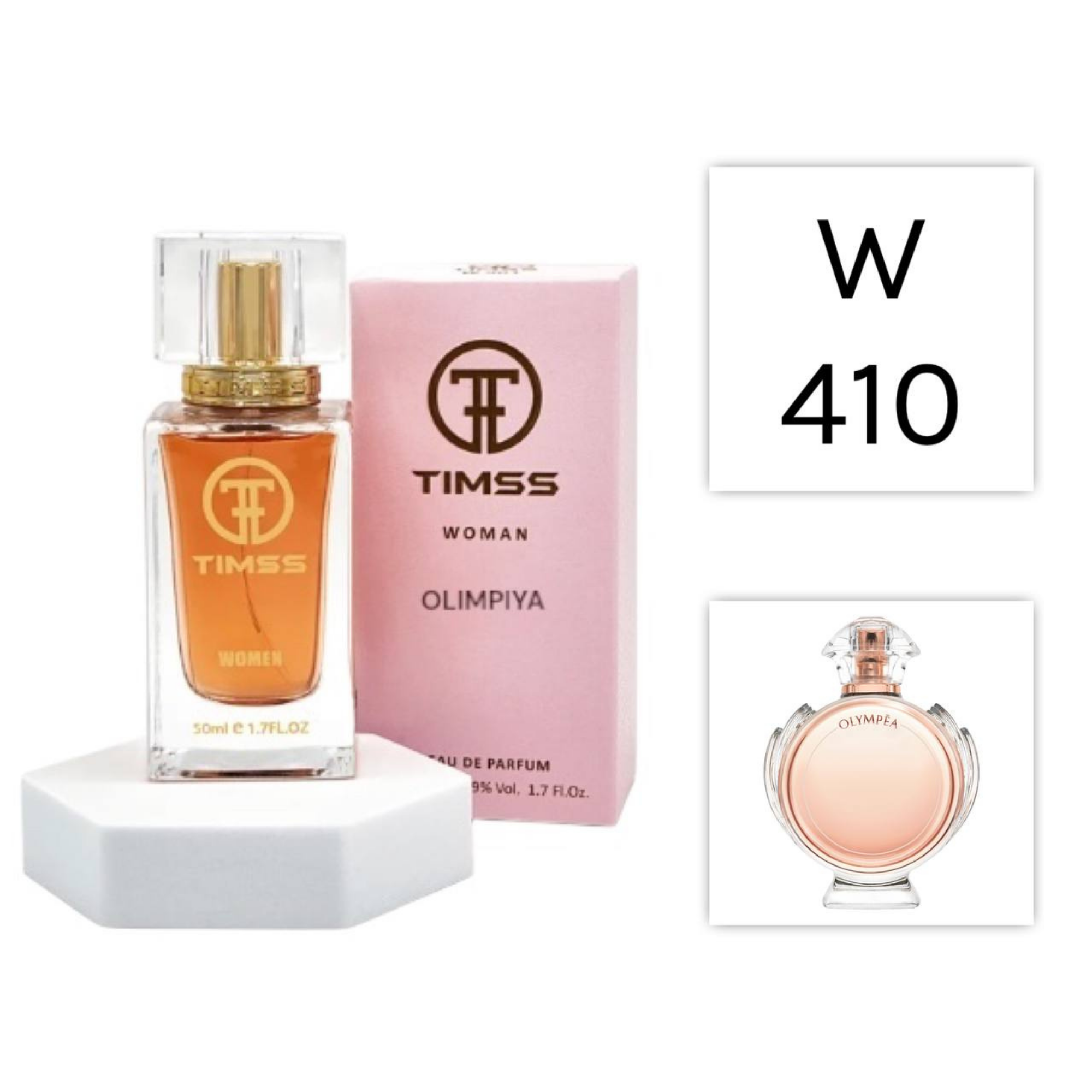 TIMSS W 410 Olimpiya inspirat din Paco Rabanne Olympea apa de parfum feminin 50 ml flacon frontal minimalist.