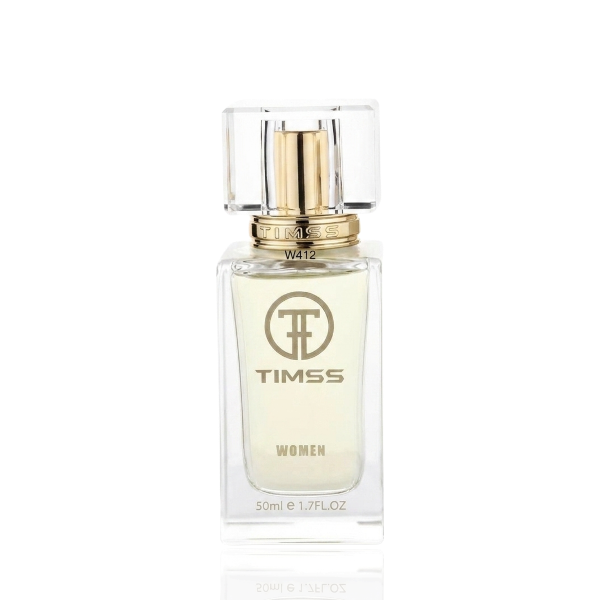 Detaliu flacon TIMSS W 412 Bombs Intens inspirat din Victoria's Secret apa de parfum, evidențiind eticheta și pulverizatorul.