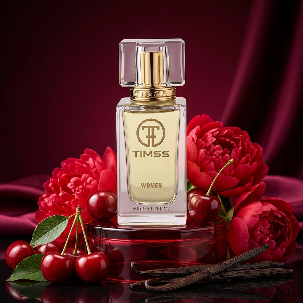 TIMSS W 412 Bombs Intens inspirat din Victoria's Secret apa de parfum prezentat alături de cireșe roșii, bujor și vanilie.