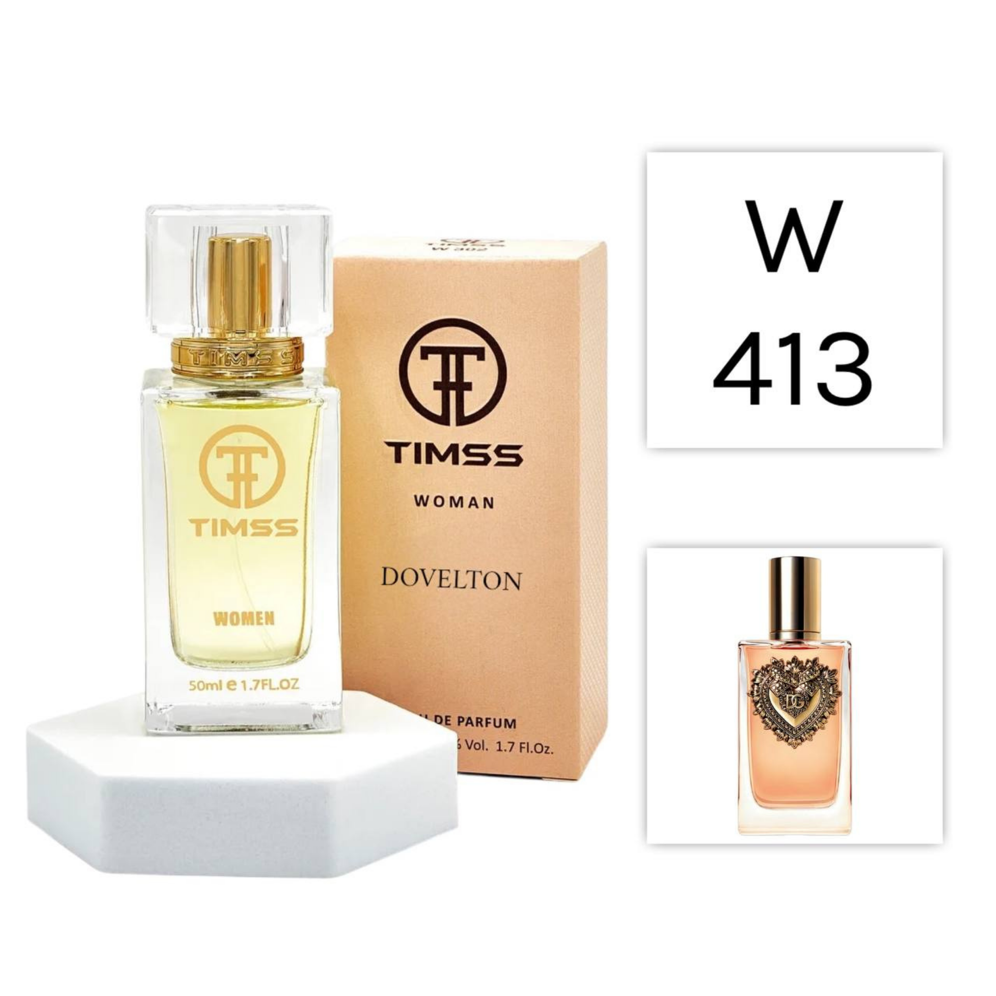 TIMSS W 413 Devolton inspirat din Dolce & Gabbana Devotion apa de parfum feminin 50 ml flacon frontal minimalist.