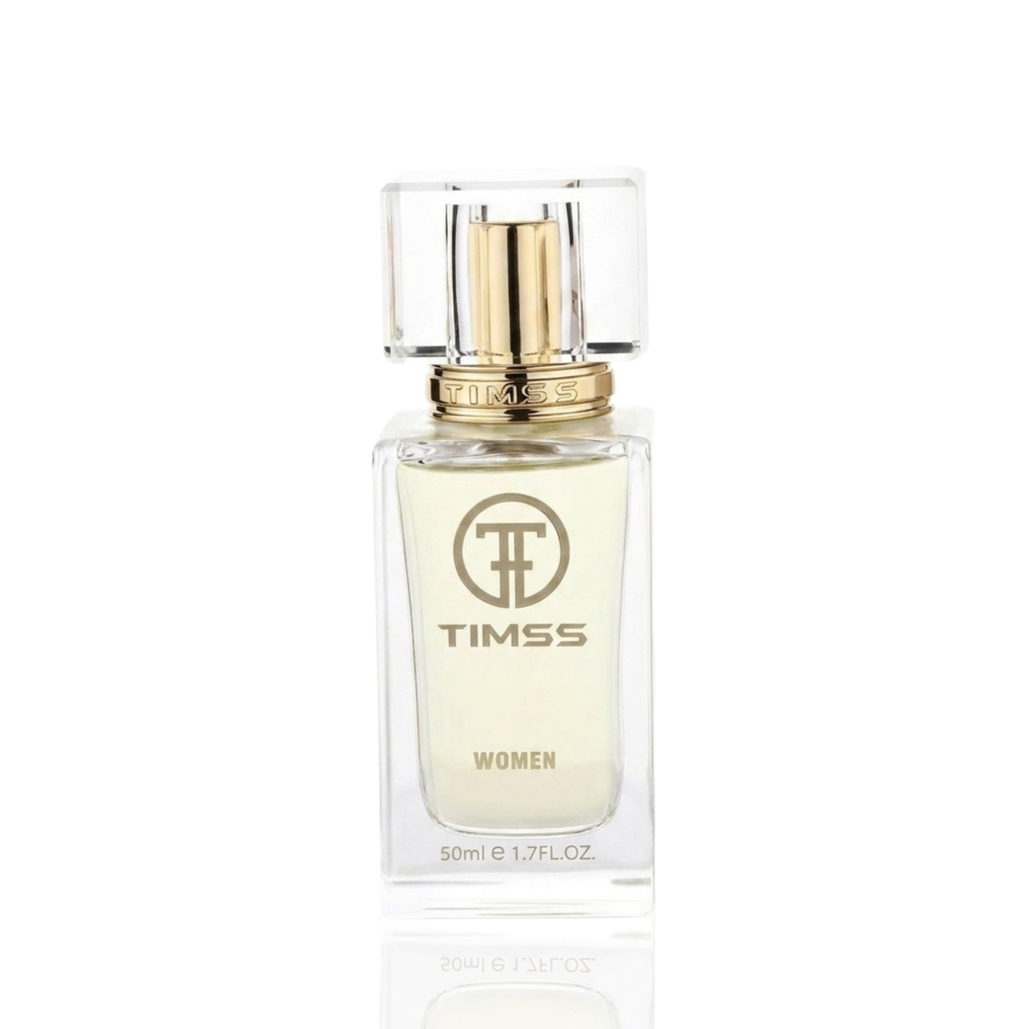 Detaliu flacon TIMSS W 414 Good Girl Blush inspirat din Carolina Herrera apa de parfum, evidențiind eticheta și pulverizatorul.