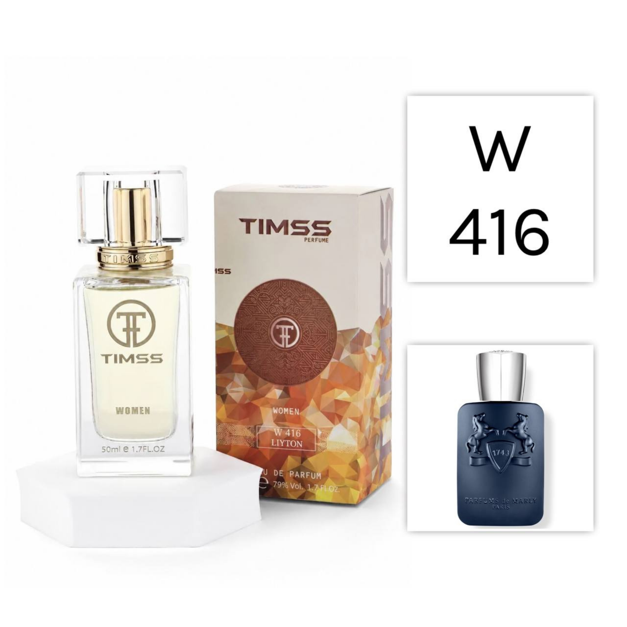 TIMSS W 416 Liyton inspirat din Parfums de Marly Layton apa de parfum unisex 50 ml flacon frontal minimalist.