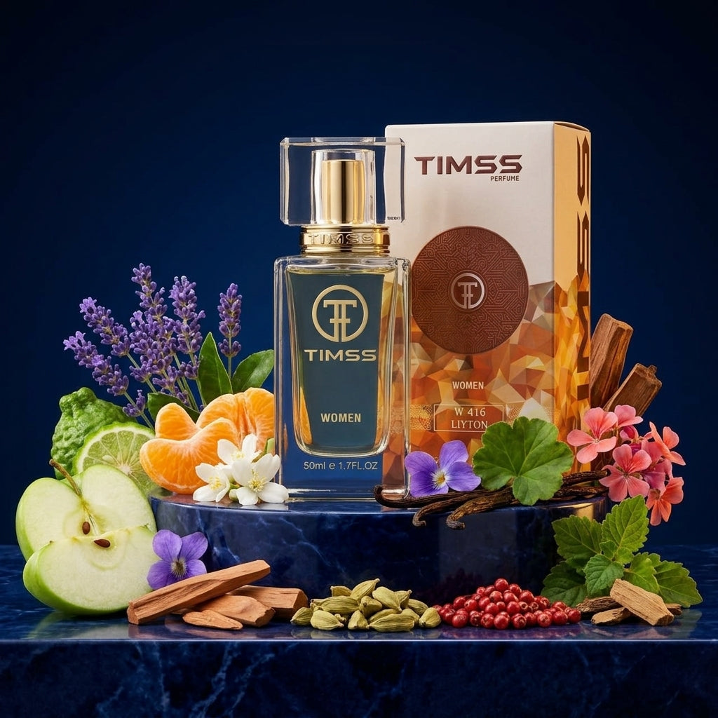 TIMSS W 416 Liyton inspirat din Parfums de Marly apa de parfum prezentat alături de măr verde, lavandă și vanilie.