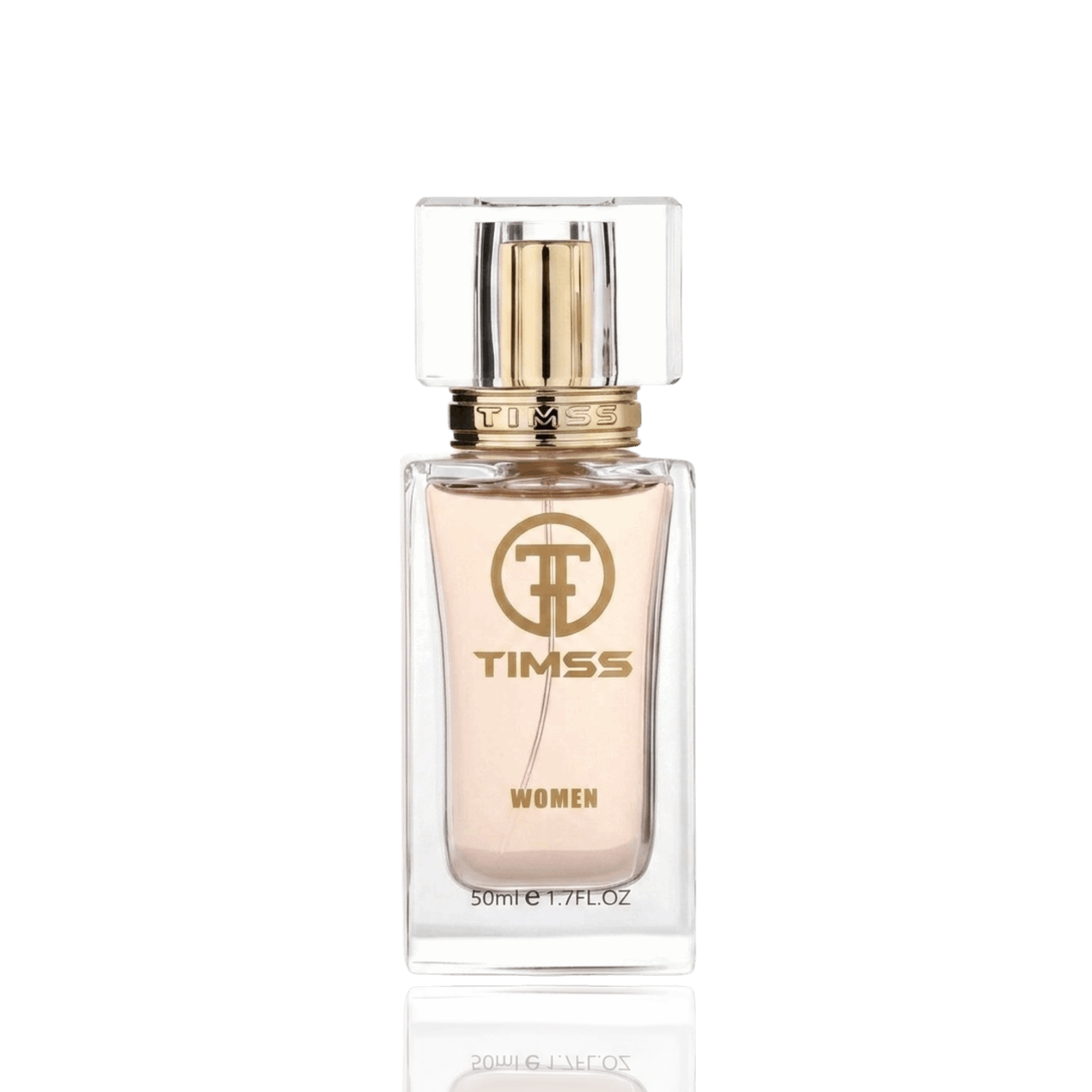 Detaliu flacon TIMSS W 417 Skarlett inspirat din Cacharel apa de parfum, evidențiind eticheta și pulverizatorul.