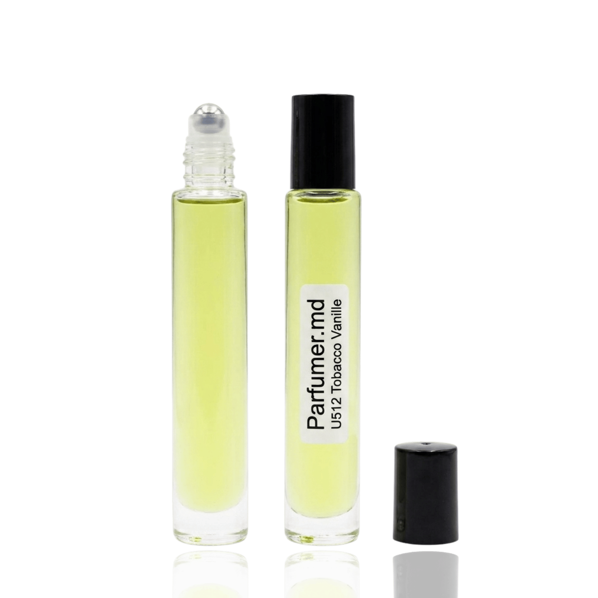 Detaliu flacon U 512 TOBACCO VANILLE inspirat de Tom Ford Tobacco Vanille ulei de parfum, evidențiind eticheta și aplicatorul roll-on.