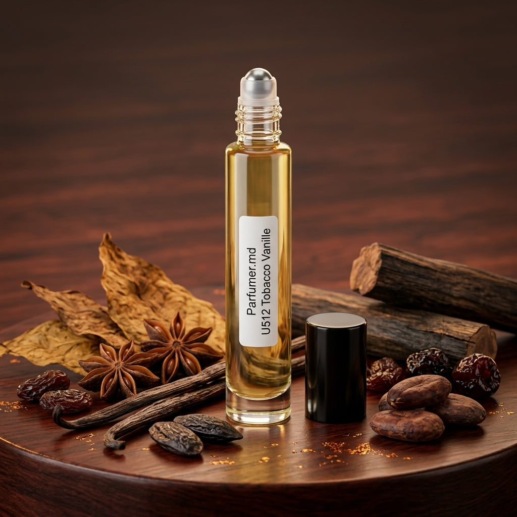 U 512 TOBACCO VANILLE inspirat de Tom Ford Tobacco Vanille ulei de parfum prezentat alături de frunze de tutun, păstăi de vanilie și mirodenii calde.