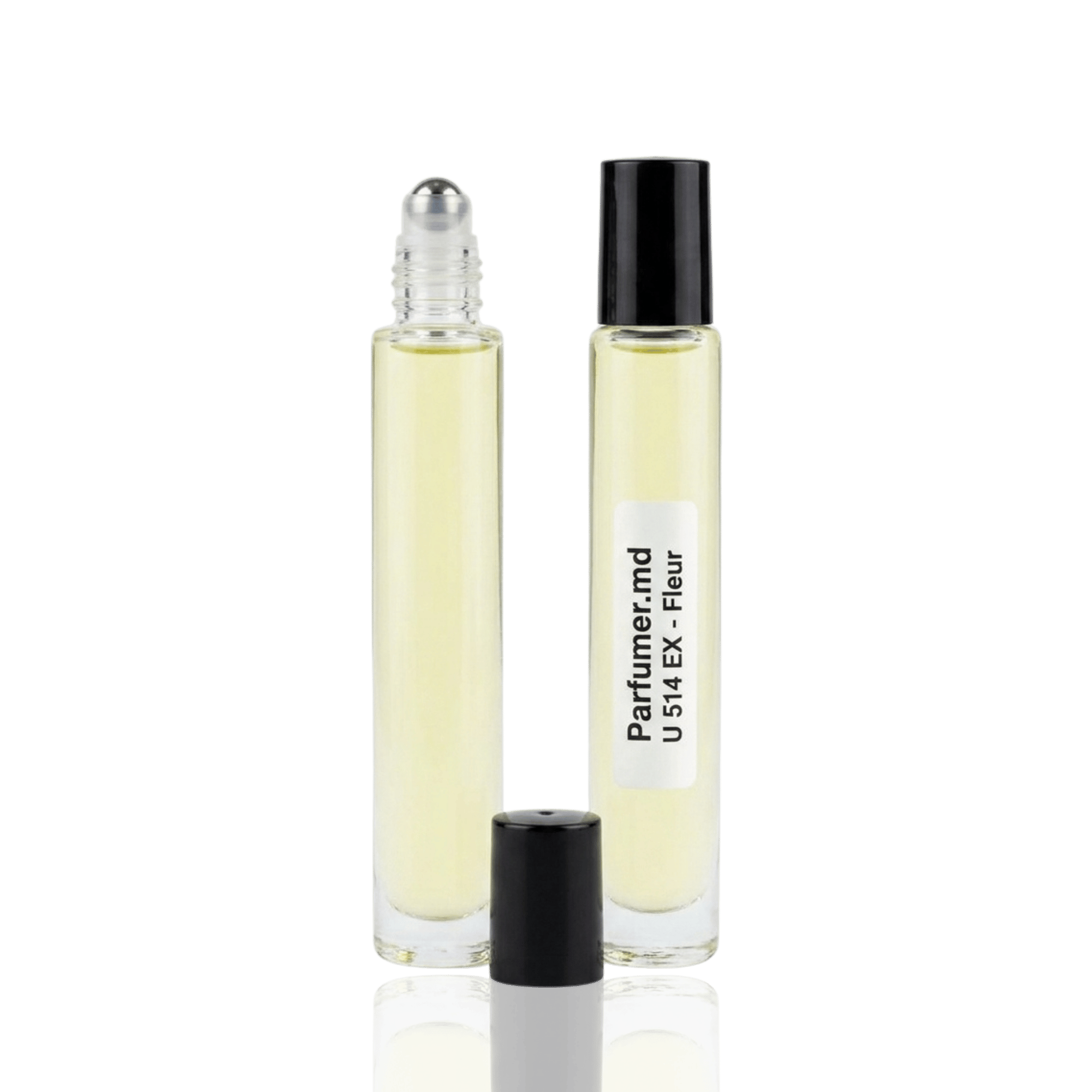 Detaliu flacon U 514 EX - FLEUR inspirat de Ex Nihilo Fleur Narcotique ulei de parfum, evidențiind eticheta și aplicatorul roll-on.