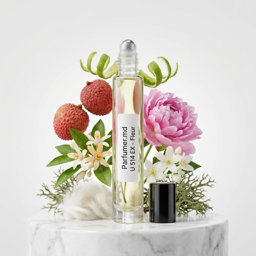 U 514 EX - FLEUR inspirat de Ex Nihilo Fleur Narcotique ulei de parfum prezentat alături de bujor, lichi și flori de portocal.
