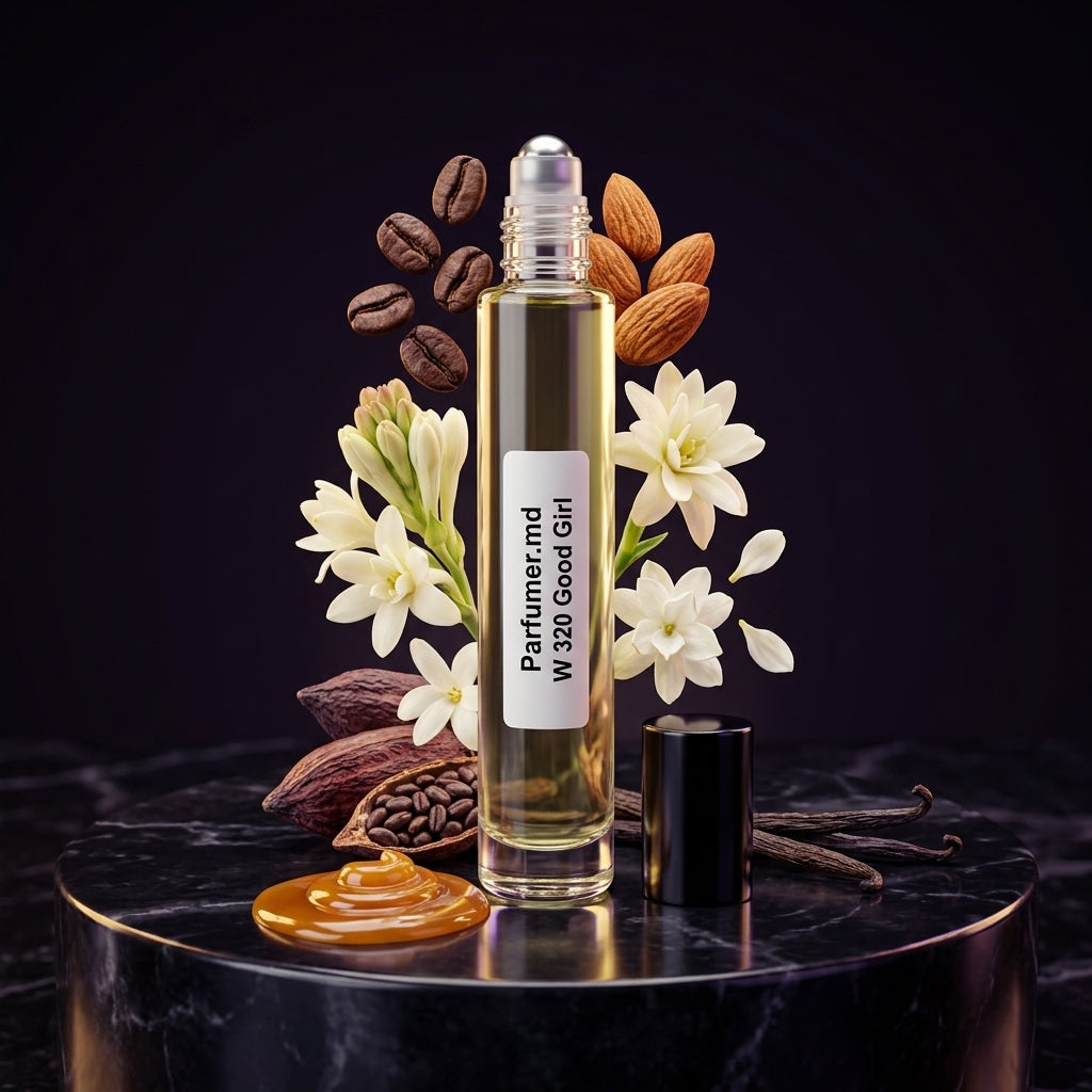 W 320 Good Girl inspirat de Carolina Herrera ulei de parfum prezentat alături de cafea, migdale, tuberoză și vanilie.